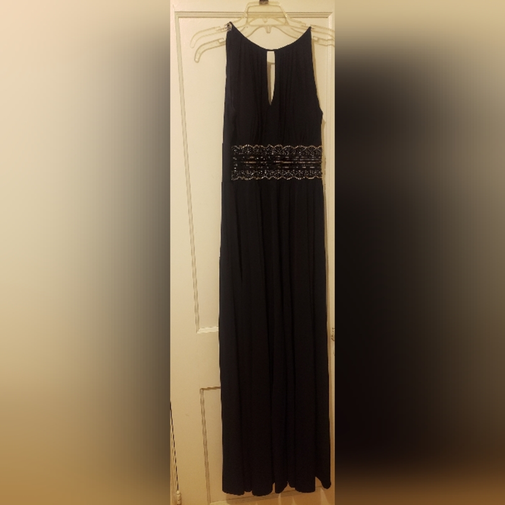 Navy Blue sleeveless beaded waist maxi dress